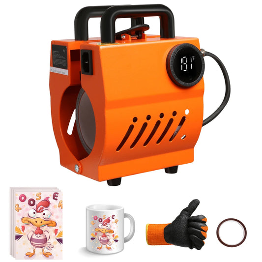 Orange portable heater with accessories on a white background