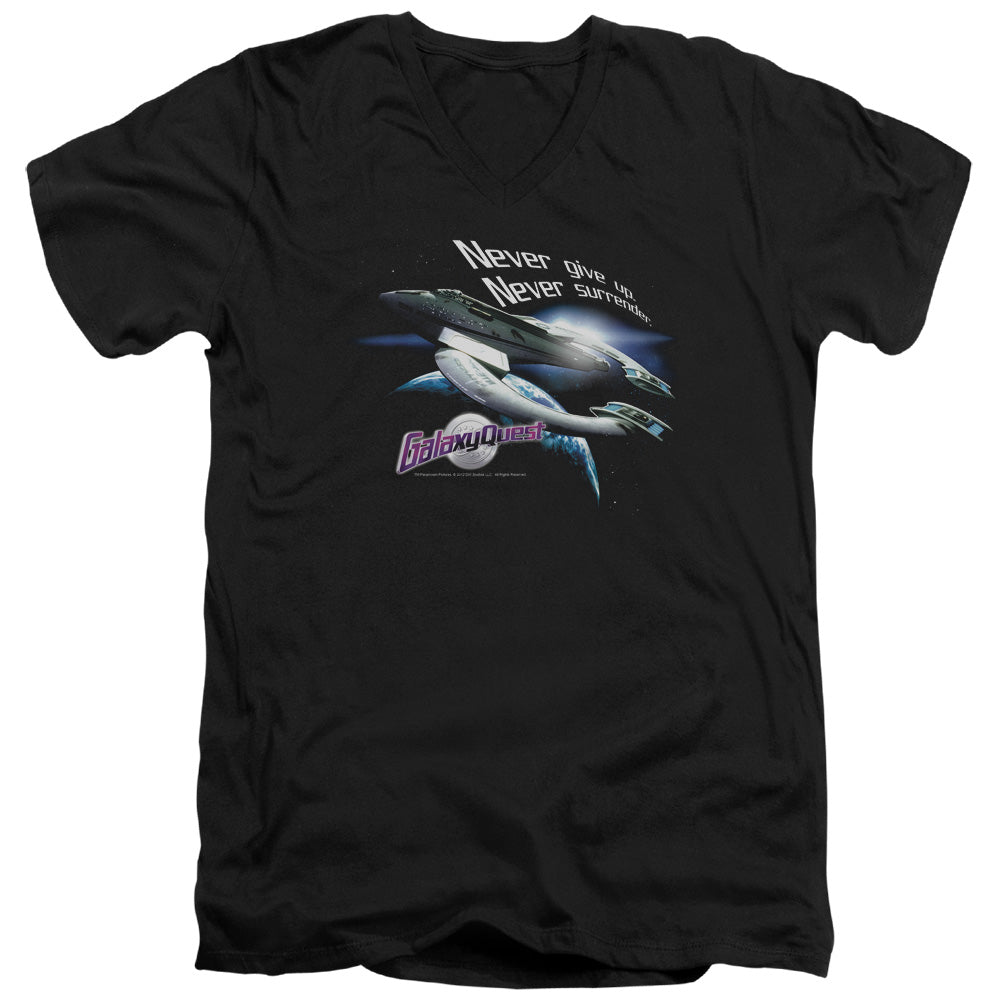 Galaxy Quest Never Surrender Mens Slim Fit V-Neck T Shirt Black Officially Licensed