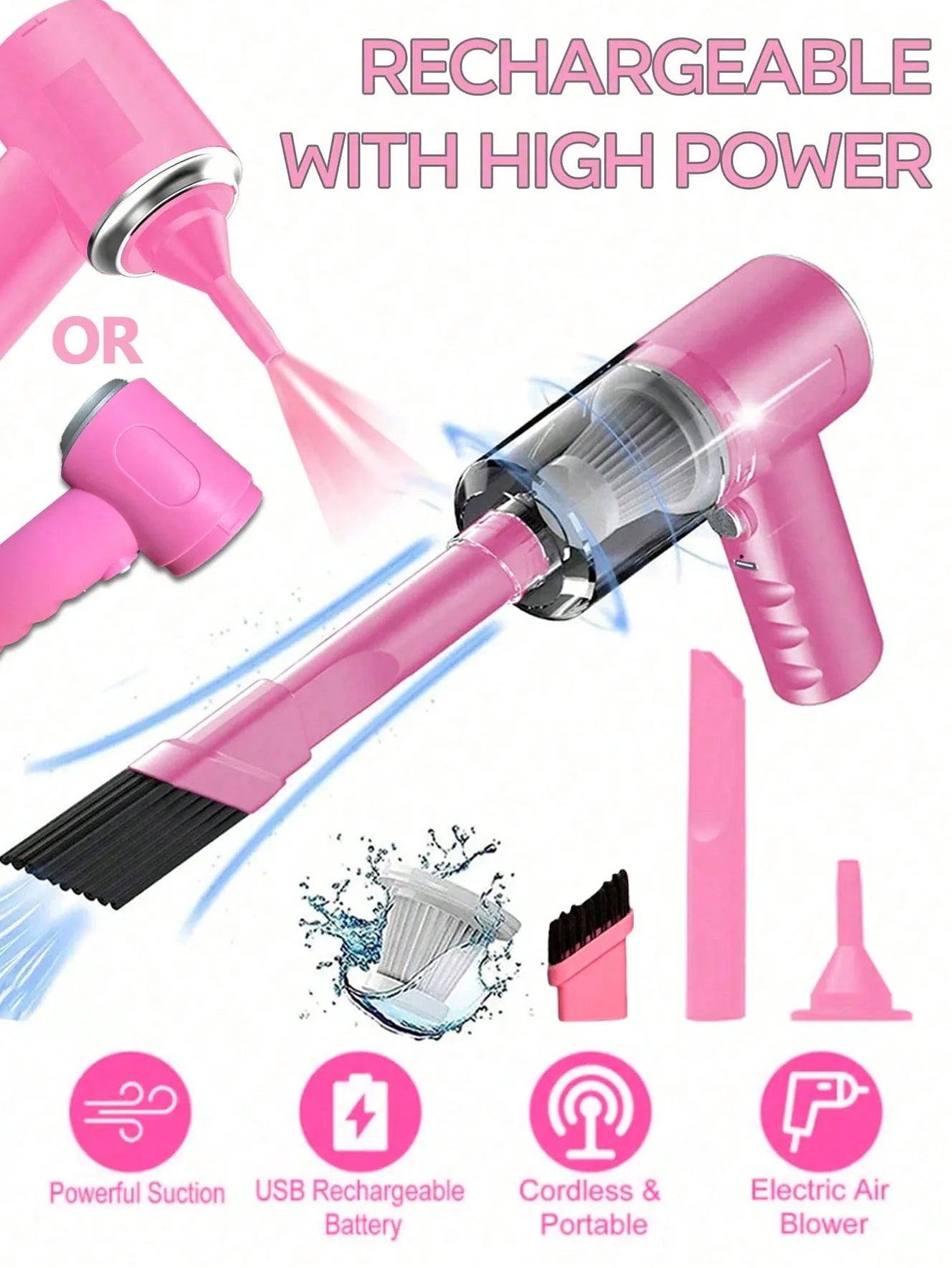 Pink handheld vacuum cleaner with attachments and text highlighting features on a white background