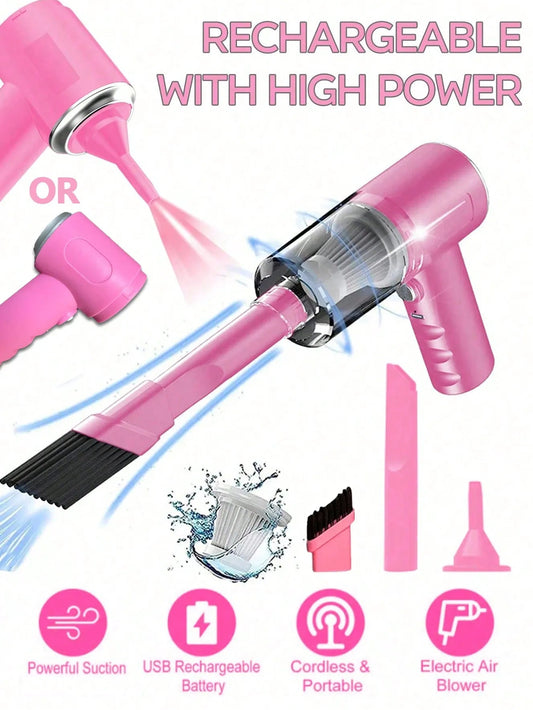 Pink handheld vacuum cleaner with attachments and text highlighting features on a white background