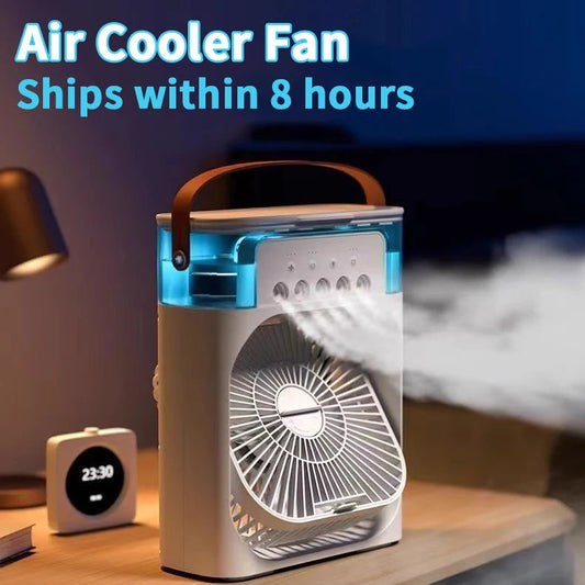 Portable air cooler fan on a table with text indicating quick shipping.