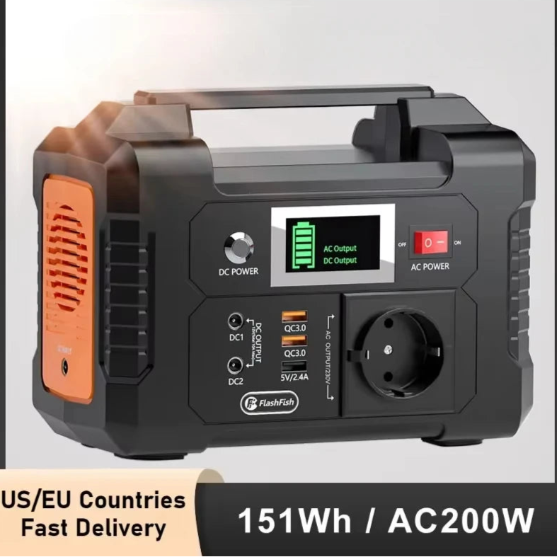 Portable power station with display and multiple outlets on a light gray background