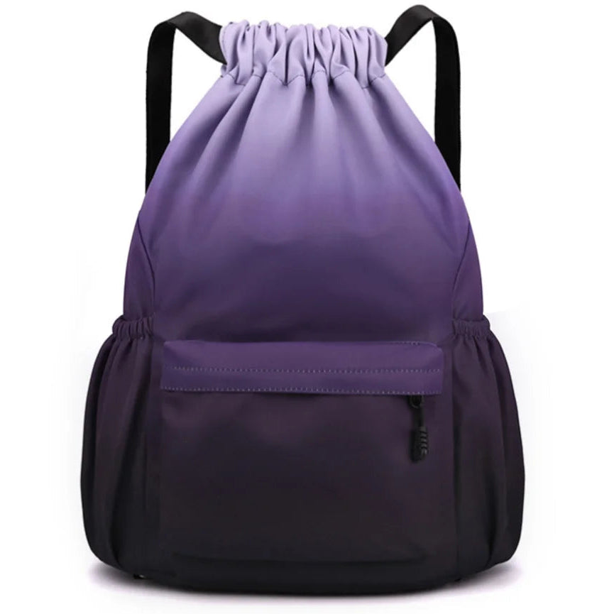 Purple drawstring backpack on a white background