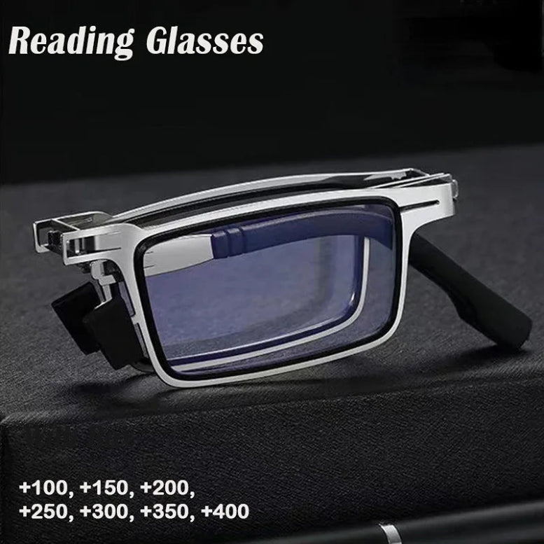 Reading glasses with labeled strength options on a dark background