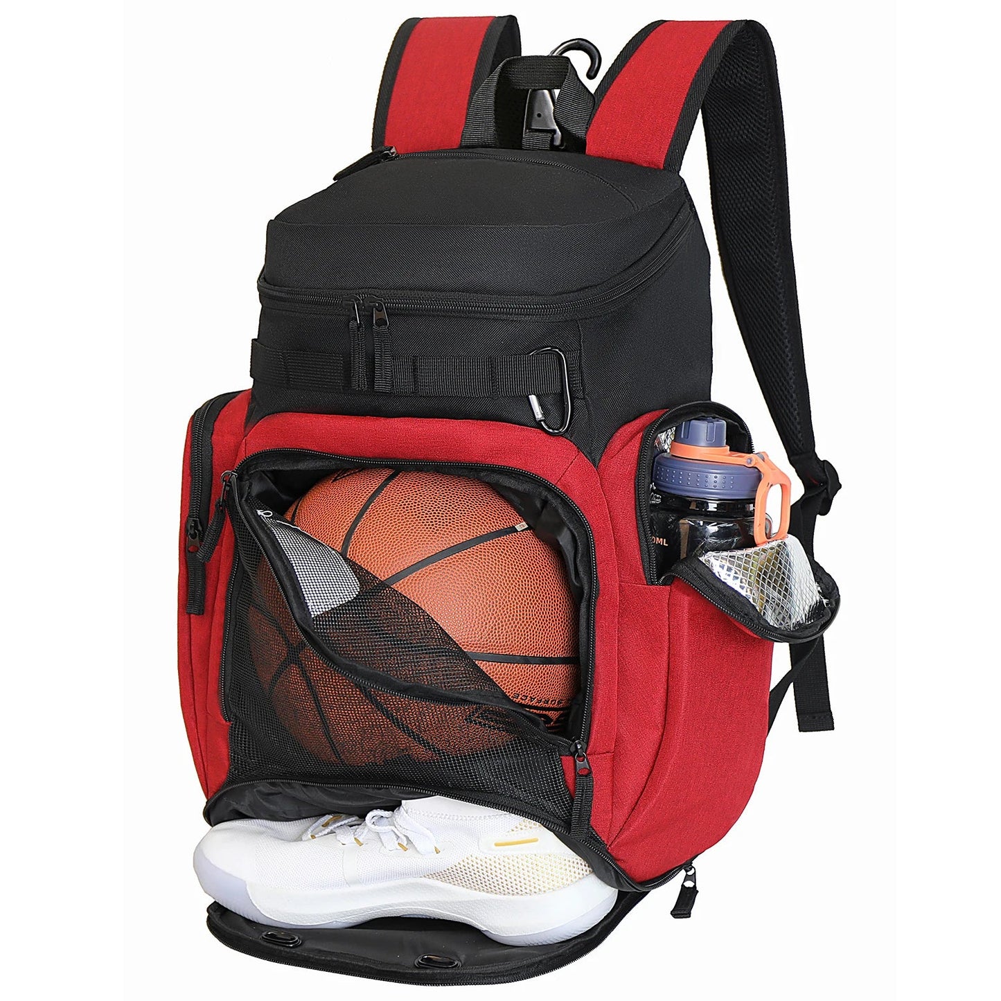 Red and black backpack with a basketball, white sneaker, and water bottle on a white background