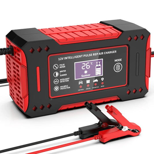 Red and black battery charger with digital display on a white background