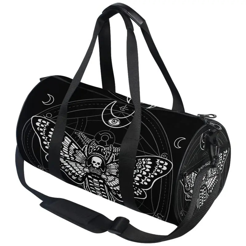 ShadowMoth Traveler — Gothic Skull & Moth Canvas Duffle Bag for Gym, Travel & Night Flights