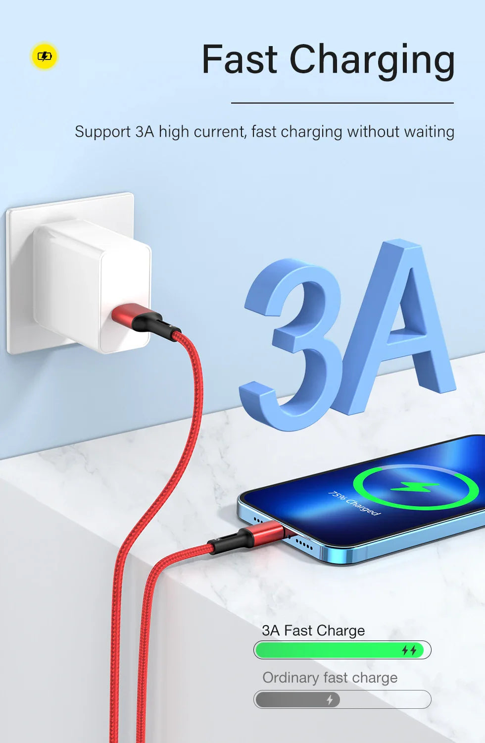 3A USB Cable For iPhone 14 13 12 11 Pro Max X XR 6s 7 8 Plus 2m 3m Lead Mobile Phone Fast Charging Cord Data Charger Wire