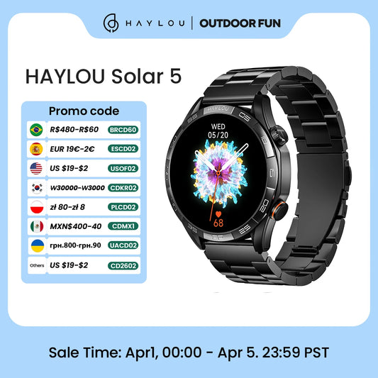 HAYLOU Solar 5 Voice Calling Smartwatch – 1.58” AMOLED, Bluetooth 5.3, 100+ Sports Modes, 24H Health Monitoring, IP68 Waterproof, NFC, 40-Day Battery
