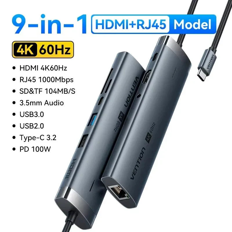 Vention USB C Hub HDMI 4K 60Hz 9 in 1 PD 100W RJ45 Adapter USB3.0 Hub 5Gbps Splitter Docking Station for MacBook Air iPad Laptop