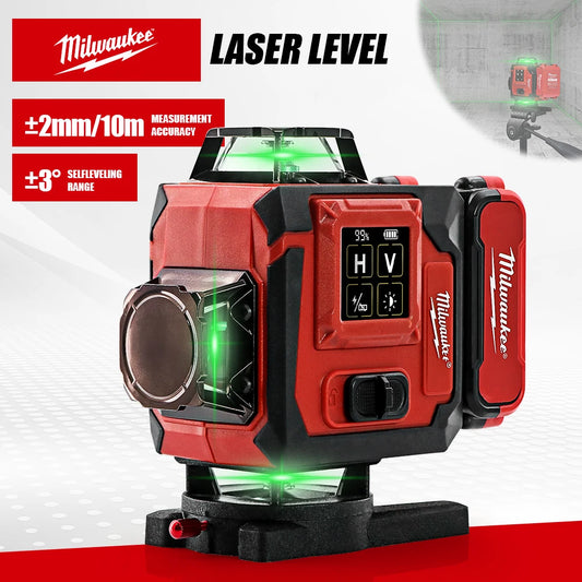 Milwaukee 4D Green Beam Laser Level – 16-Line Pro Touch-Screen Self-Leveling Tool w/ 6000mAh Battery & Rotating Base