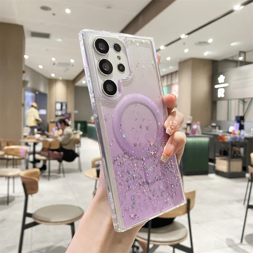 for Samsung S23 Ultra Gradient Glitter Epoxy Case for Samsung Galaxy S23 Plus S22 Ultra for Magsafe Magnetic Transparent Cover