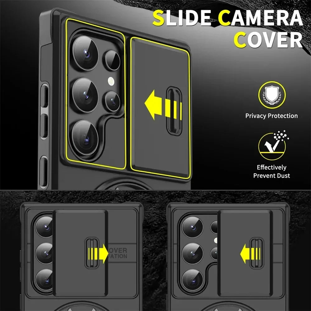 Slide Lens Protection Magsafe Stand Case for Samsung S25 S24 S23 Plus S21 S22 Ultra S20 FE A54 A15 Rotating Hidden Holder Cover