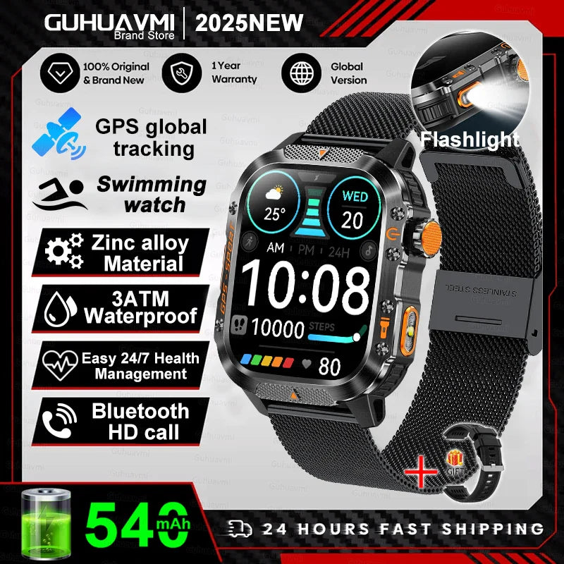 2025New GPS Smart Watch For Xiaomi IOS Military Compass Flashlight Smartwatch Men 10ATM Waterproof 100+Sport Modes BT Call Watch