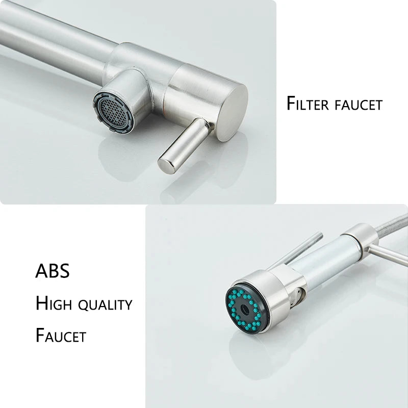 Nickel Kitchen Sink Faucet Pull Down Hot and Cold Water Mixer2 Mode Tap with Dual Spout 360 Rotation Flexible Deck Mounted - THOOBO!