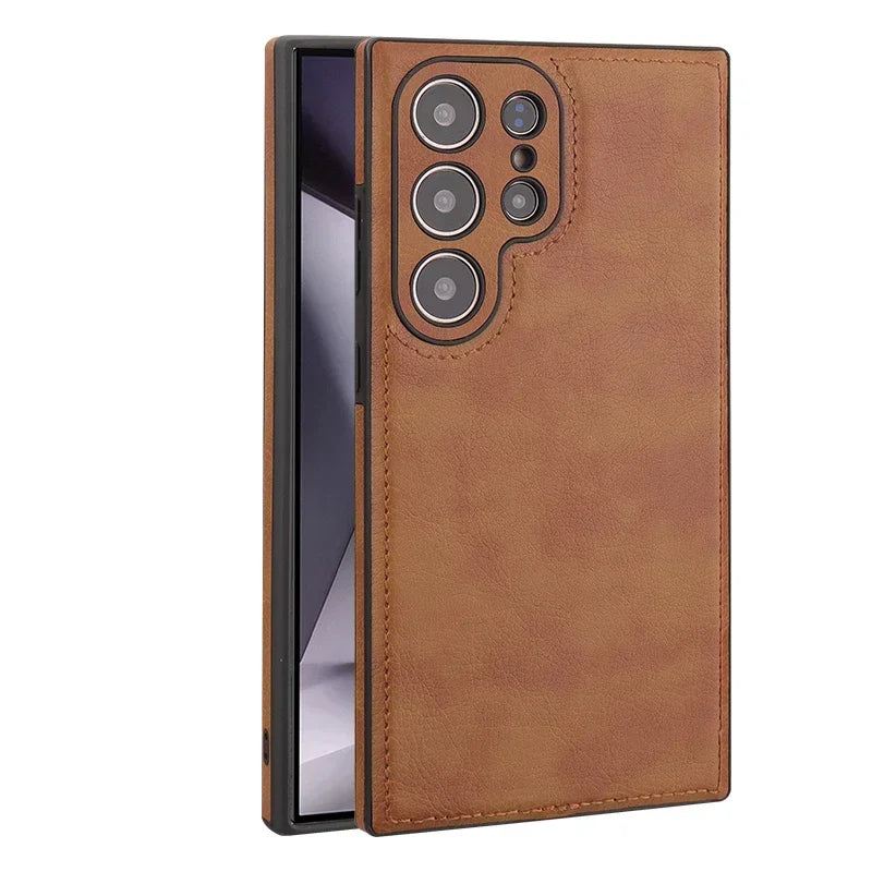 Luxury Vintage PU Leather Case for Samsung S25 Ultra S24 Plus S23 S22 S24Ultra Slim Camera Shockproof Soft Bumper Back Cover