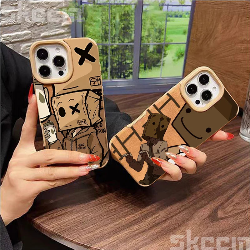 Cartoon Box Man Pattern Leather Phone Case For iPhone 16 15 14 13 12 11 Pro Max XS X XR 15 Plus Luxury Shockproof Back Cover