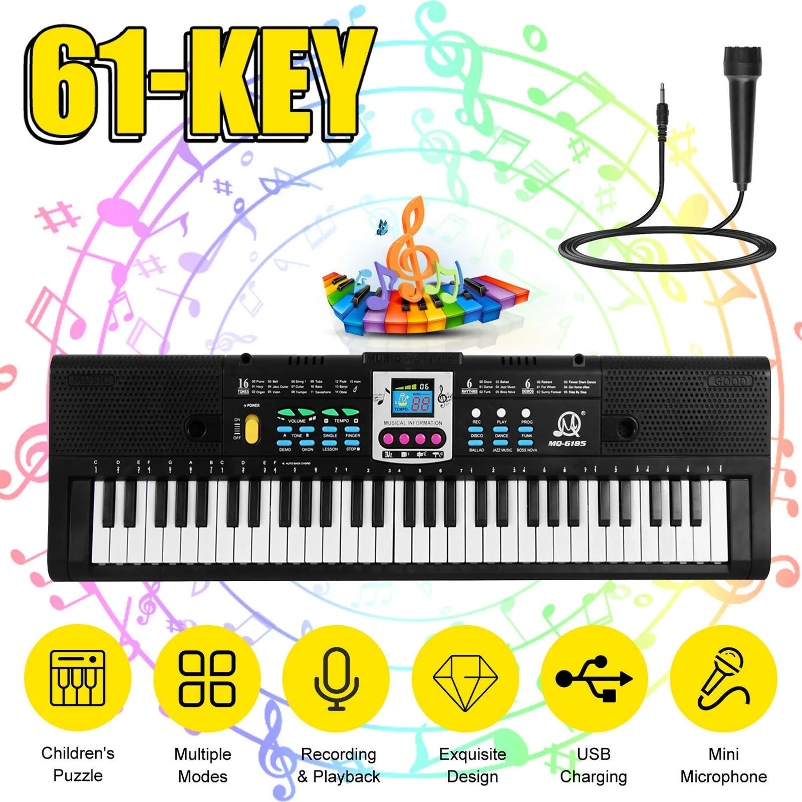 61 Keys Digital Music Electronic Keyboard Multifunctional Electric Piano for Piano with Microphone Function Musical Instrument - THOOBO!