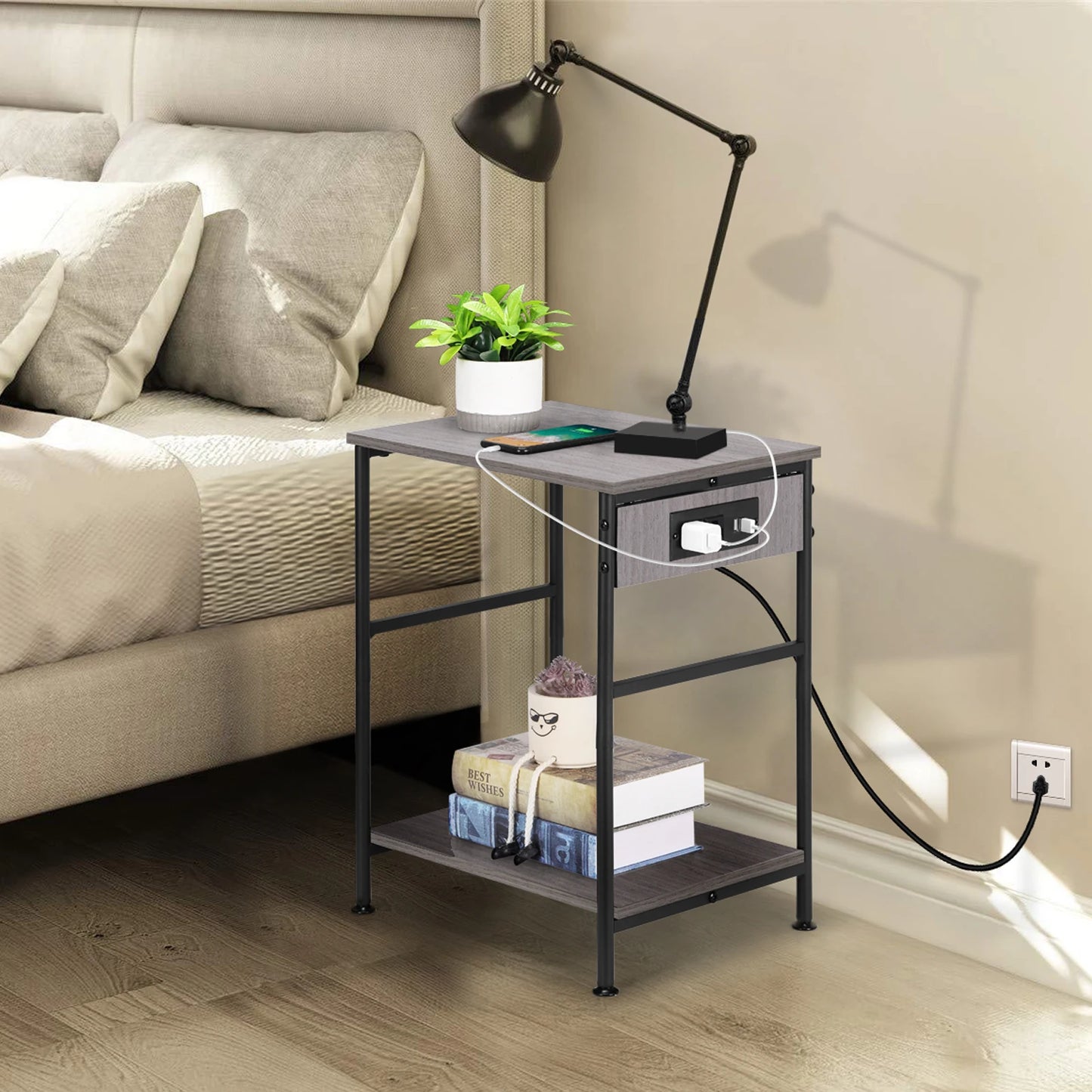 DreamSync Duo Nightstands — Set of 2 Modern End Tables with Built-In Charging Station