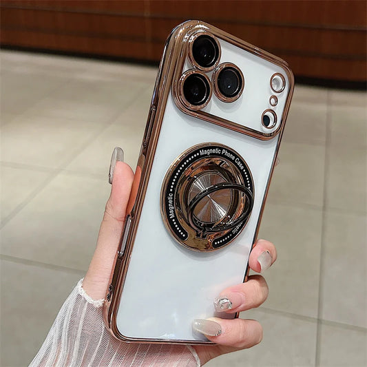 Luxury Plating 360 Rotate Ring Bracket Magnetic For Magsafe Case For iPhone 17 Air 16 15 14 Plus 13 12 11 Pro Max 16E Soft Cover