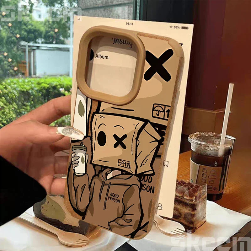 Cartoon Box Man Pattern Leather Phone Case For iPhone 16 15 14 13 12 11 Pro Max XS X XR 15 Plus Luxury Shockproof Back Cover