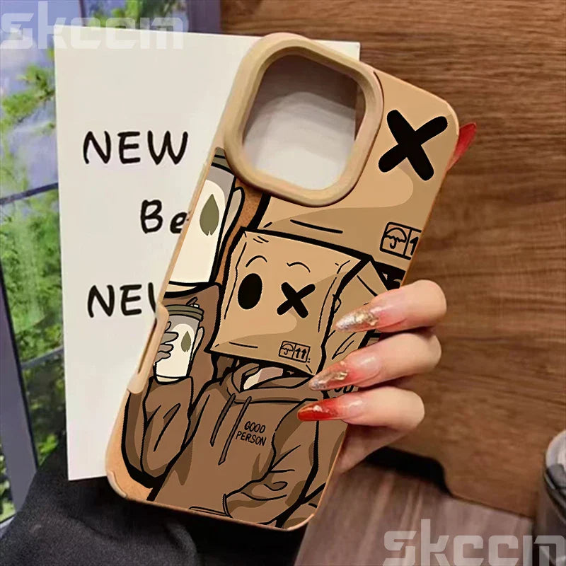 Cartoon Box Man Pattern Leather Phone Case For iPhone 16 15 14 13 12 11 Pro Max XS X XR 15 Plus Luxury Shockproof Back Cover