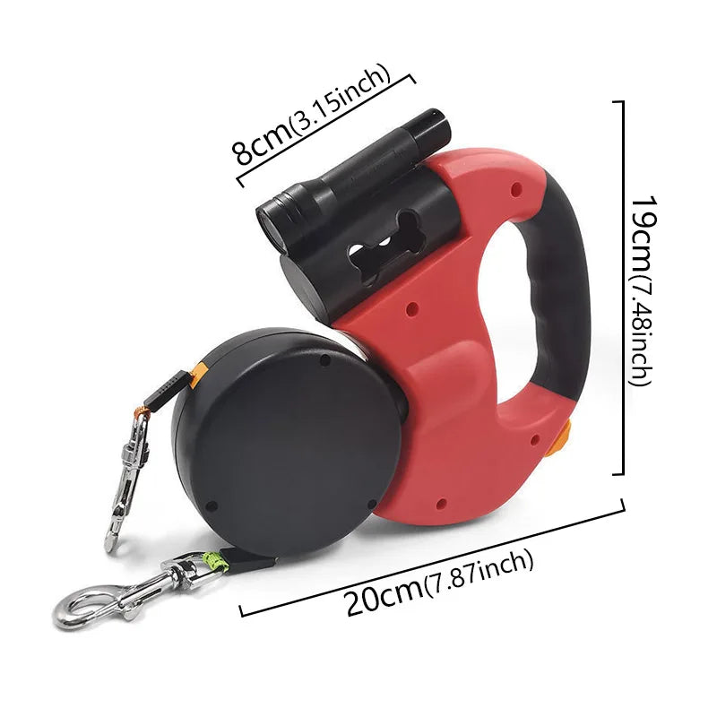 3in1 Double Head Automatic retractable Dog leash Flashlight Poop Bag Dispenser Reflective Pet Cat Extendable Puppy Traction Rope