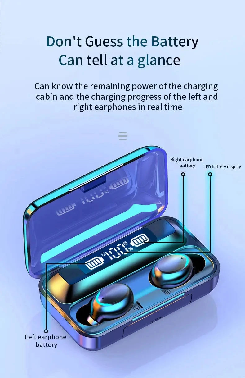 F9 PulsePods – Waterproof HiFi Bass Earbuds with LED Charge Display + Power Bank Case | Bluetooth 5.0, Touch Control, Noise-Canceling