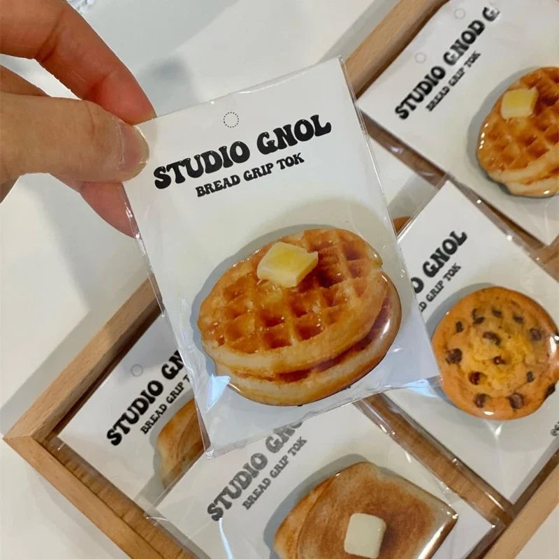 Korea Cute Waffle Cookies Griptok Bracket For iPhone 15 Samsung Food Phone Accessories Holder Ring Support Stand Grip Tok Gift