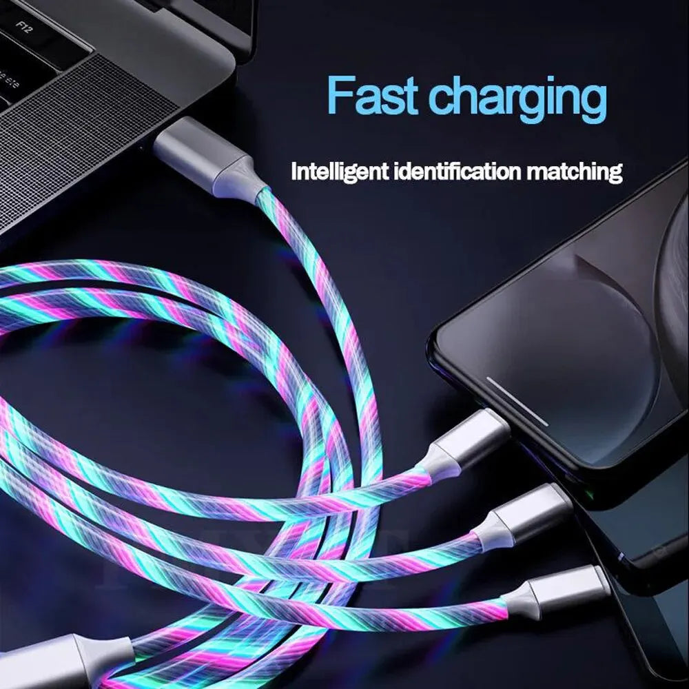 3 in 1 Fast Charging Cable with LED Lighting, 3A, Micro USB Type C, for IPhone, Samsung, Xiaomi, Phone Charger