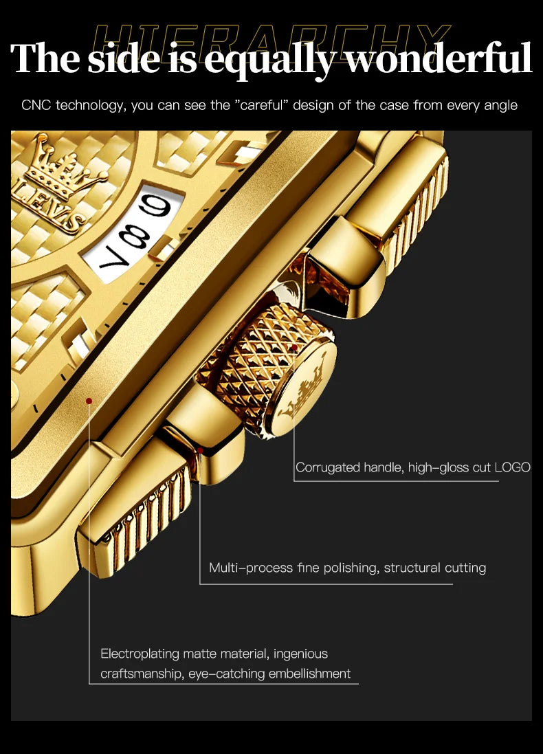 OLEVS Golden Square Quartz Watch — Waterproof Leather Strap, Luminous Date Display, Large Dial Men’s Luxury Timepiece 9925