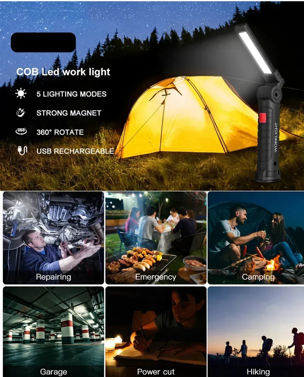 “Grip & Glow Pro” Magnetic COB LED Work Light – Pocket Torch Meets Power Bank