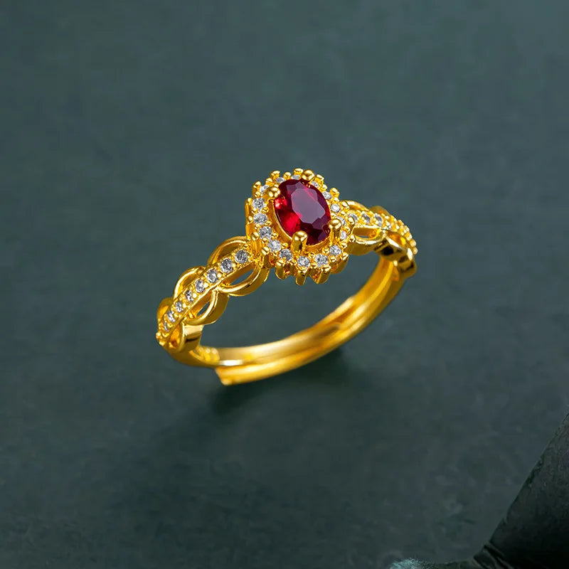 Crimson Vow Ruby Ring — Real 14K Gold Color Open Band with Sparkling Zircon Accents for Brides & Birthdays