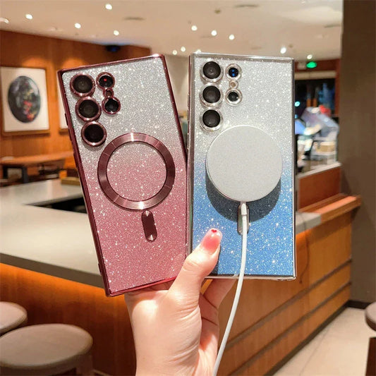 Glitter Luxury Magnetic Woman Case For Magsafe For Samsung Galaxy S24 S23 S22 S25 Ultra Plus Accessories Wireless Charging Cover
