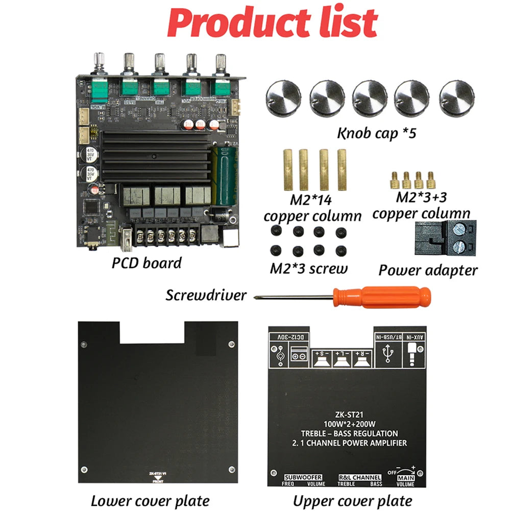 ZK-ST21 Bluetooth-Compatible 2.1 Channel Digital Power Subwoofer Amplifier Module – 100W+100W+200W with TPA3221 Chip