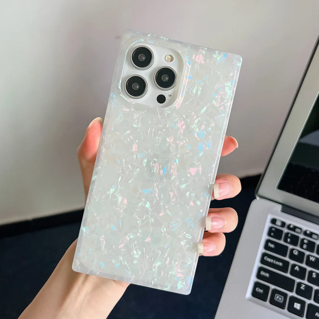 Mother Pearl Case For iPhone 11 12 13 14 15 16 Pro Max Plus Rectangle Edge Case, Slim Colorful Abalone Pearl Soft Silicone Cover