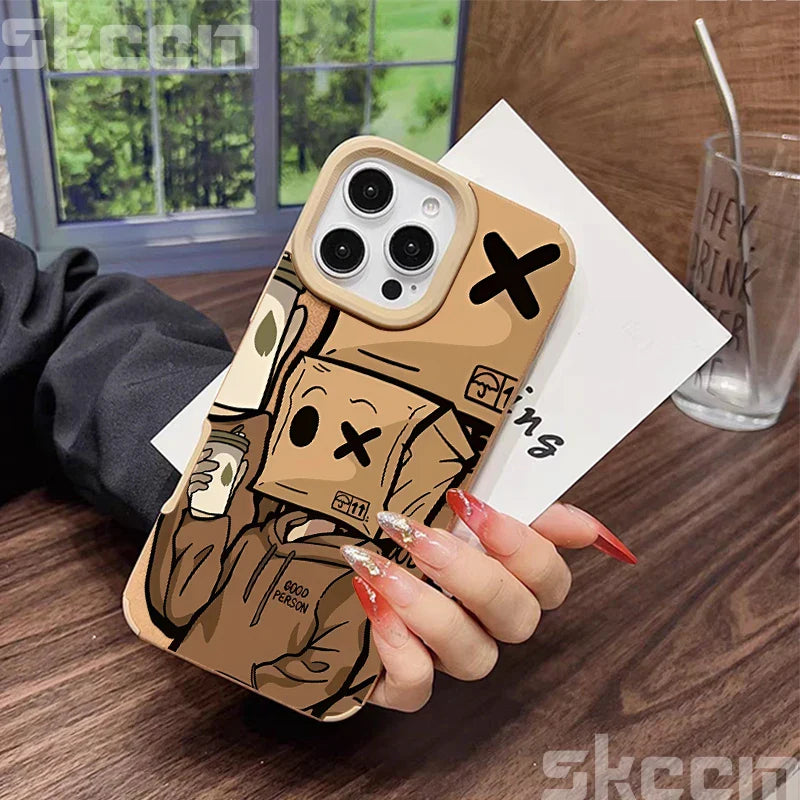 Cartoon Box Man Pattern Leather Phone Case For iPhone 16 15 14 13 12 11 Pro Max XS X XR 15 Plus Luxury Shockproof Back Cover