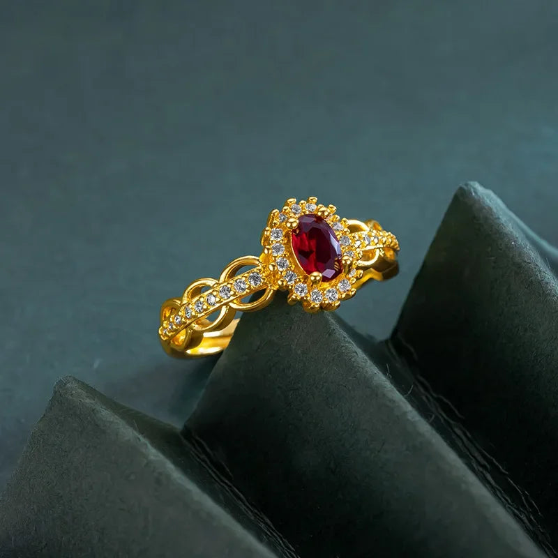 Crimson Vow Ruby Ring — Real 14K Gold Color Open Band with Sparkling Zircon Accents for Brides & Birthdays