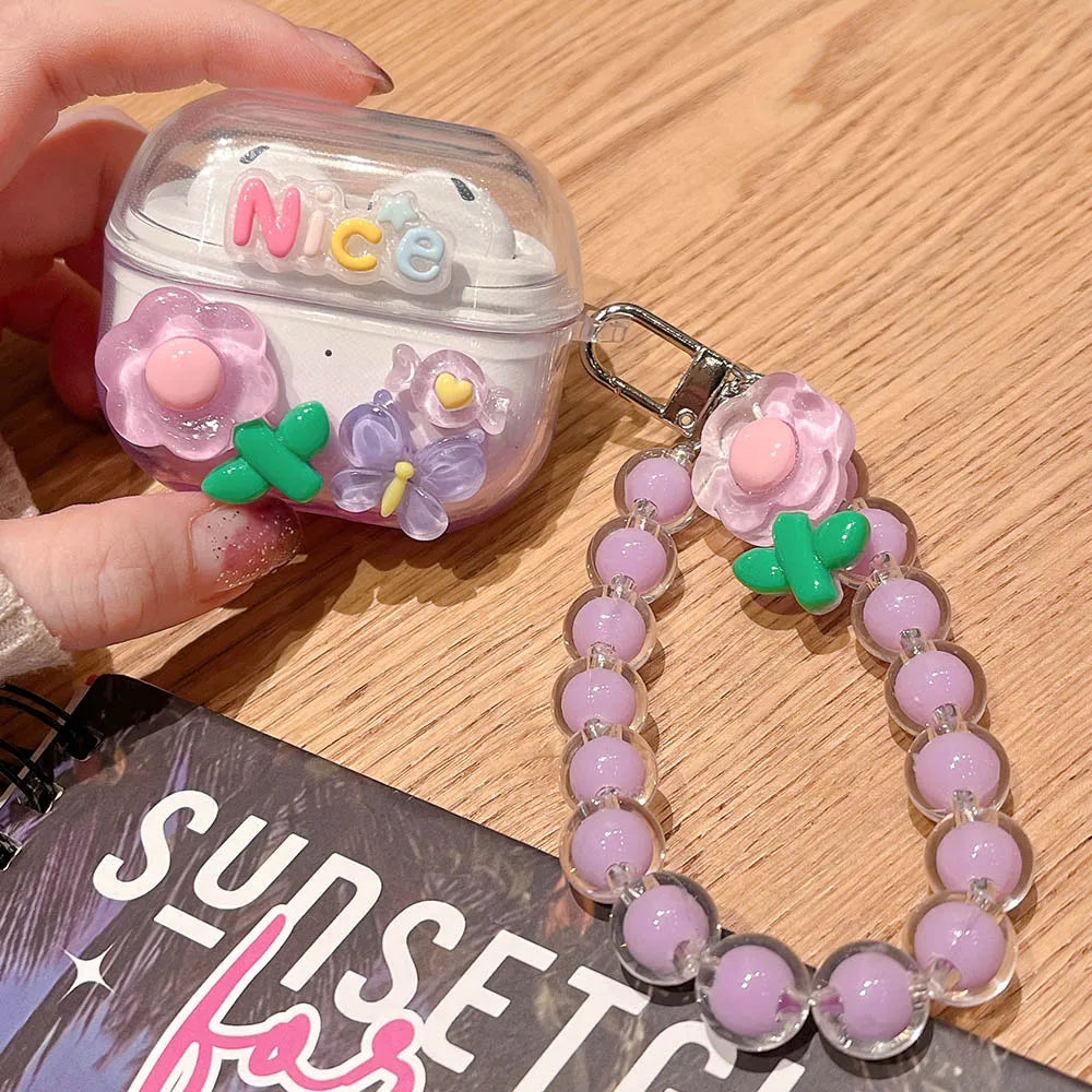 Diy Flowers Butterfly Decorate Cover For Samsung Buds 3 Pro Case Soft TPU Protective Fundas For Galaxy Buds3 Buzz 3 Pro Bracelet