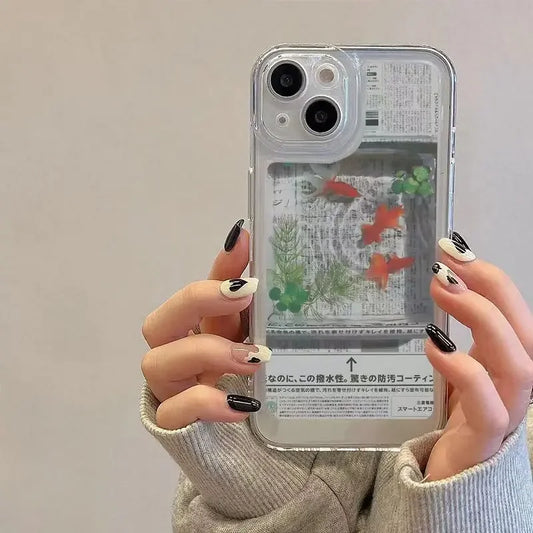 Creative Newspaper Goldfish Y2K Cute Phone Case For iPhone 16 15 14 13 12 11 Pro Max XR XS Max 7 8 Plus Geometric Retro Cover