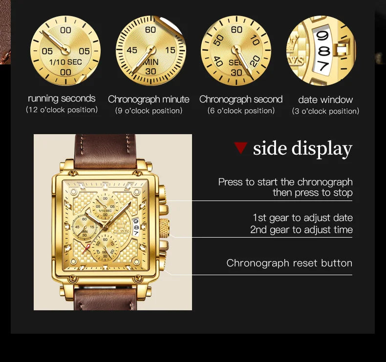OLEVS Golden Square Quartz Watch — Waterproof Leather Strap, Luminous Date Display, Large Dial Men’s Luxury Timepiece 9925