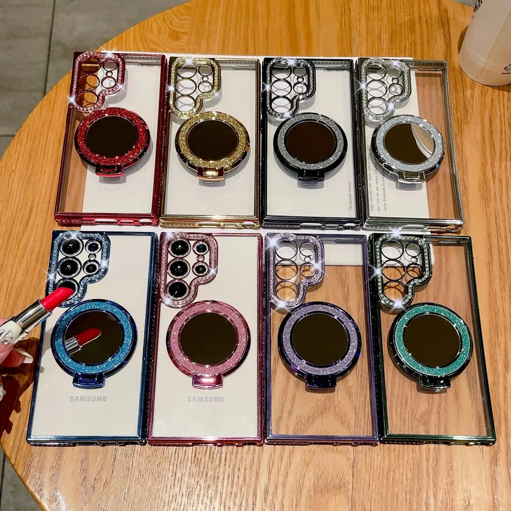 Luxury Glitter Mirror for Magsafe Case for Samsung Galaxy S24 Ultra S23 S22 Plus Bracket Stand Diamond Plating Transparent Cover