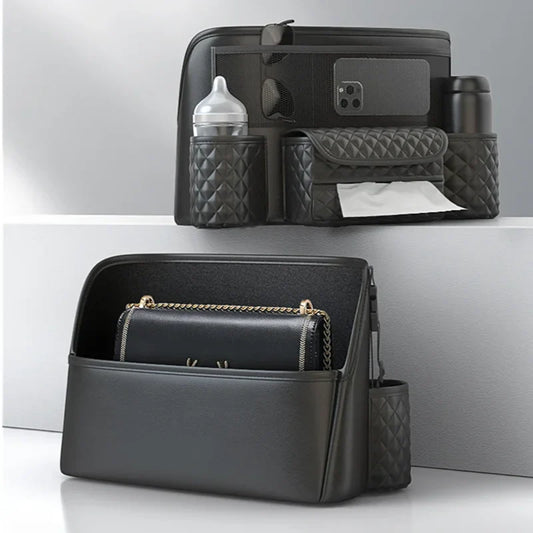 Leather Car Seat Middle Hanger Storage Bag Luxury Auto Handbag Holder Between Seats Tissue Water Cup Pockets Stowing Tidying