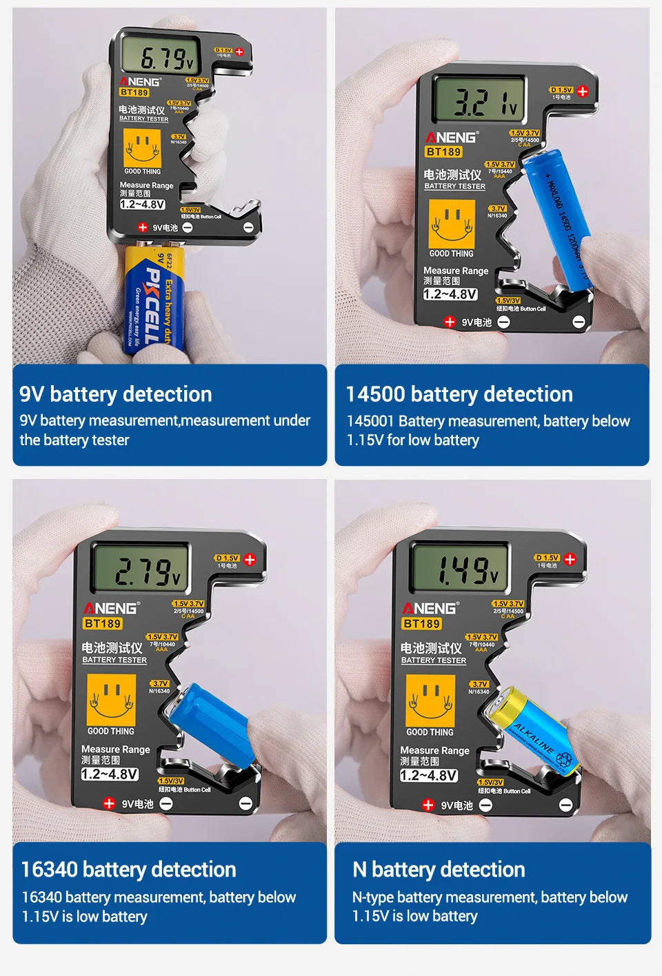 ANENG BT189 Button Cell Battery Tester 9V N D C AA AAA Universal Household LCD Display Battery Tester Power Bank Detectors Tools - THOOBO!