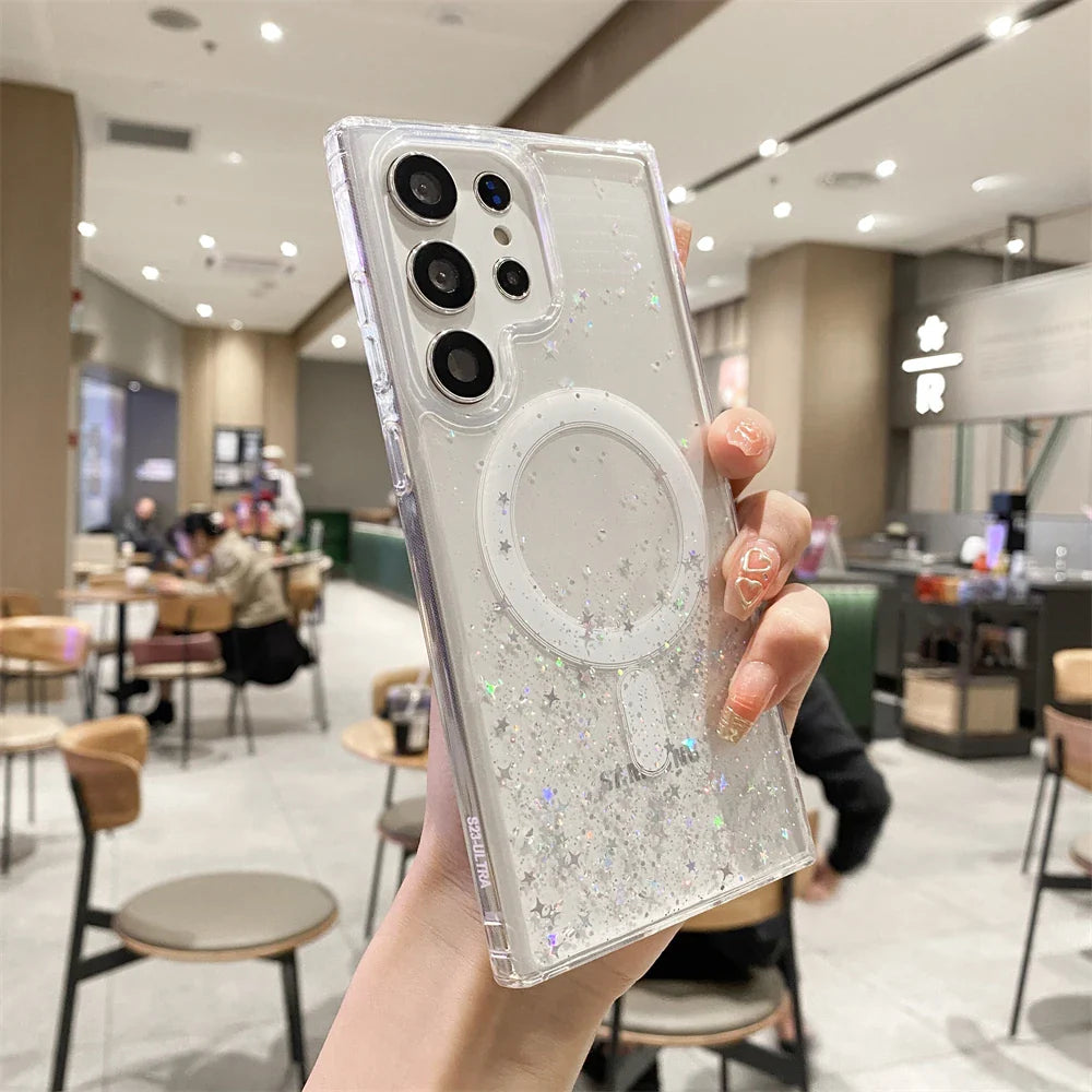 for Samsung S23 Ultra Gradient Glitter Epoxy Case for Samsung Galaxy S23 Plus S22 Ultra for Magsafe Magnetic Transparent Cover