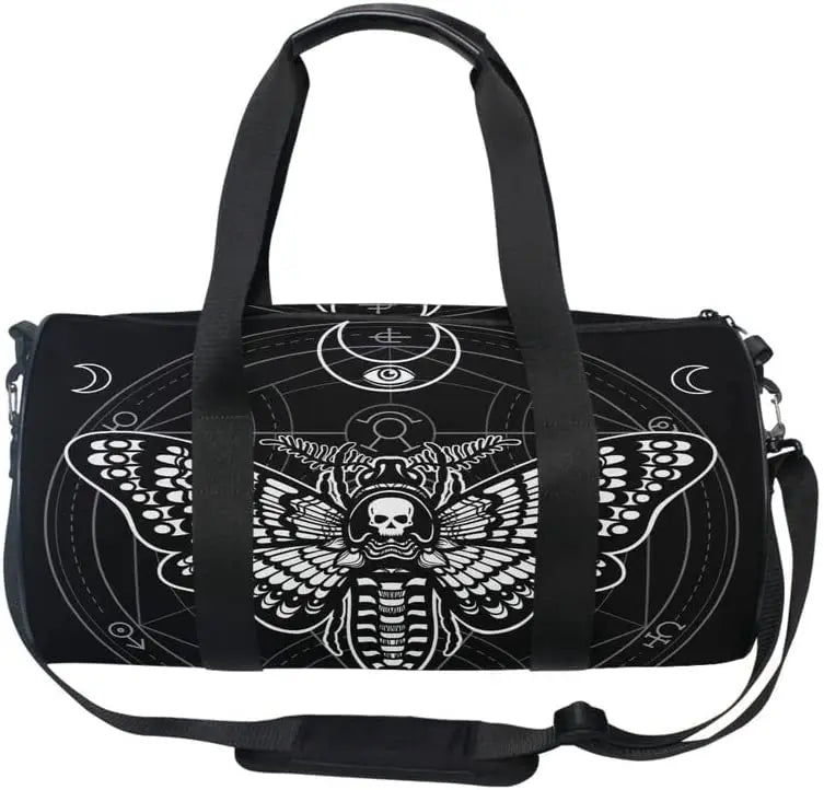 ShadowMoth Traveler — Gothic Skull & Moth Canvas Duffle Bag for Gym, Travel & Night Flights