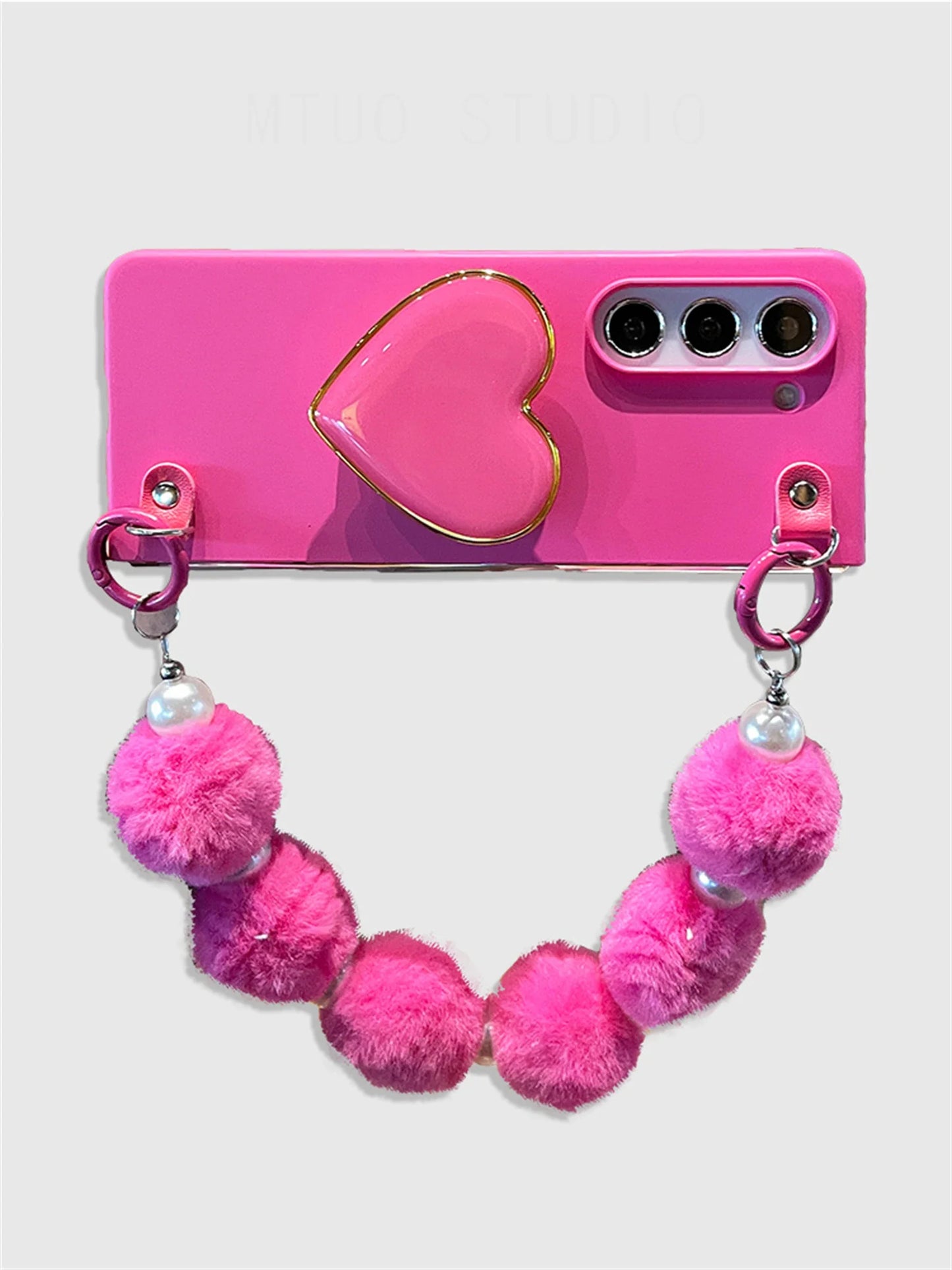 Luxury Korean Love Heart Bracket Case with Hairball Ball Pearl Chain for Galaxy Z Fold 5 Z Fold4 Fold3 Zfold56 Portable Cover