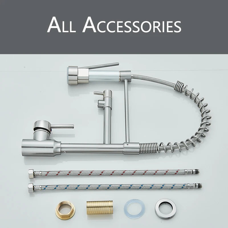 Nickel Kitchen Sink Faucet Pull Down Hot and Cold Water Mixer2 Mode Tap with Dual Spout 360 Rotation Flexible Deck Mounted - THOOBO!