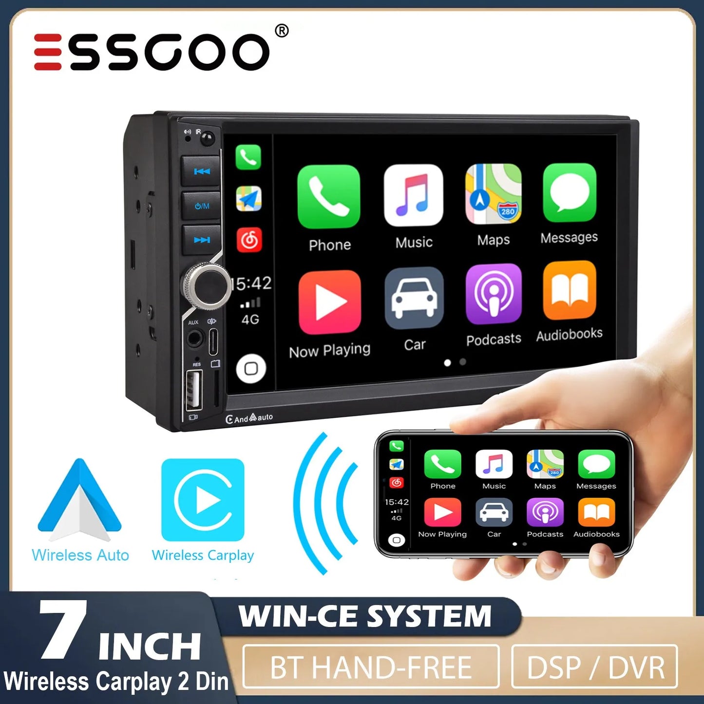 ESSGOO 7" Double Din CarPlay Android Auto Multimedia Player With HD Touchscreen & DSP Sound