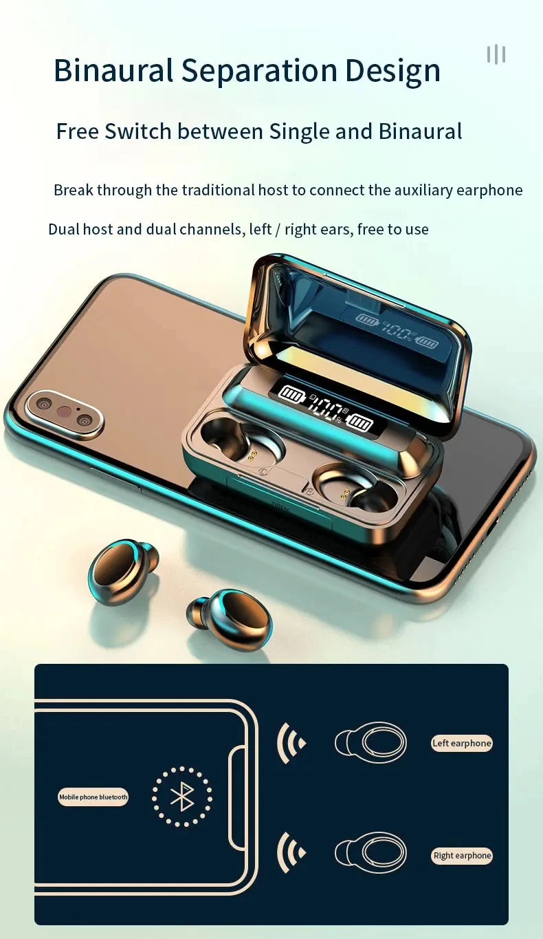 F9 PulsePods – Waterproof HiFi Bass Earbuds with LED Charge Display + Power Bank Case | Bluetooth 5.0, Touch Control, Noise-Canceling
